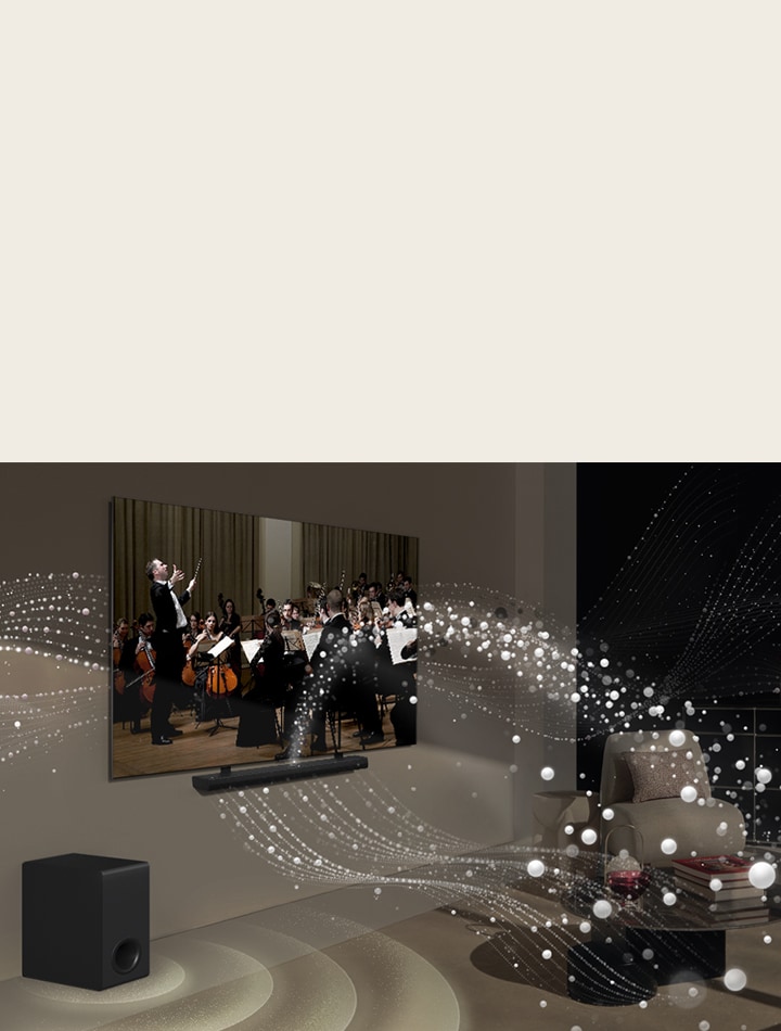 Uma barra de som LG, uma TV LG e um subwoofer estão numa sala de estar a reproduzir uma atuação musical. As gotas brancas produzem ondas de som que disparam para cima e para a frente a partir da barra de som e se projetam a partir da TV. Um subwoofer está a criar um efeito sonoro a partir do fundo.