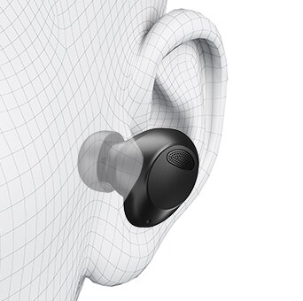 Representação de uma orelha. Uma representação de uma orelha com três pontos pretos e brancos para mostrar a marcação. Representação de uma orelha com o auricular no interior para mostrar a adaptação virtual. Representação de uma orelha com pontos e linhas pretas para mostrar a análise ergonómica.