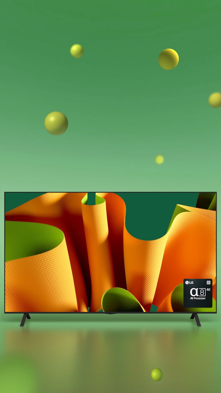 Abre-se um vídeo que mostra a LG OLED C4 virada 45 graus para a direita com uma obra de arte abstrata verde e laranja no ecrã contra um fundo rosa com esferas 3D. A televisão OLED roda para ficar virada para a frente. No canto inferior direito, há um logótipo do processador LG alpha 8 AI.