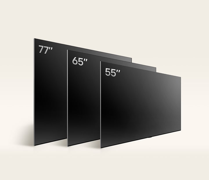 Uma imagem que compara os vários tamanhos do LG OLED B4, mostrando 48", 55", 65" e 77".