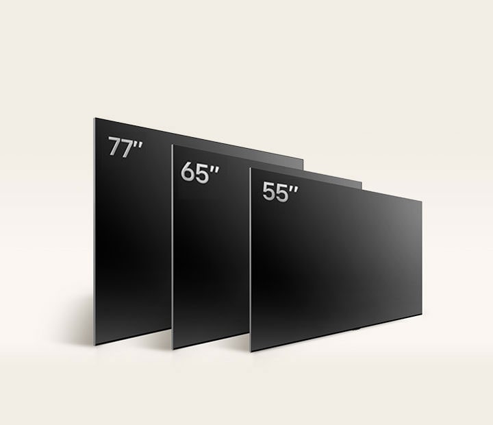 Comparação dos vários tamanhos da LG OLED TV, OLED B4, mostrando a OLED B4 de 48 polegadas, OLED B4 de 55 polegadas, OLED B4 de 65 polegadas e OLED B4 de 77 polegadas.