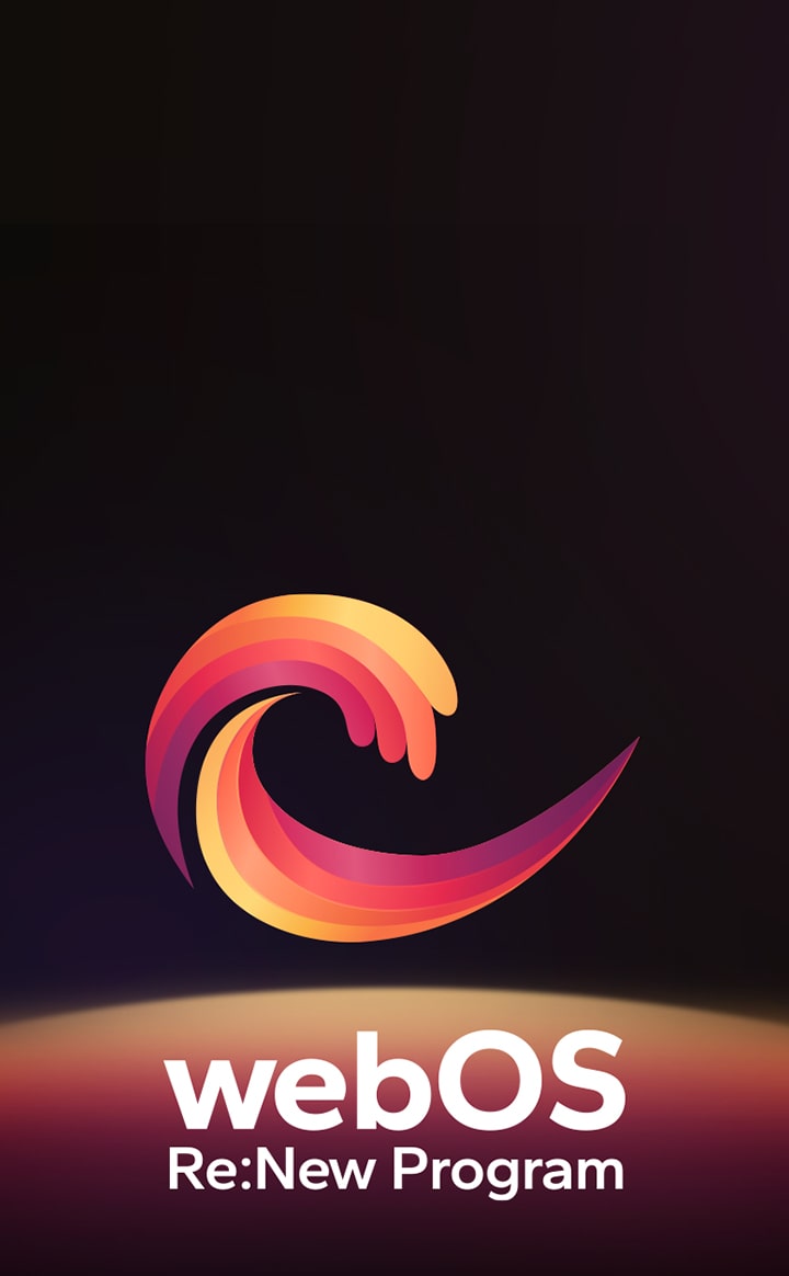 A imagem do logótipo do Programa webOS Re:New está sobre um fundo preto com uma esfera circular amarela, cor de laranja e roxa na parte inferior.