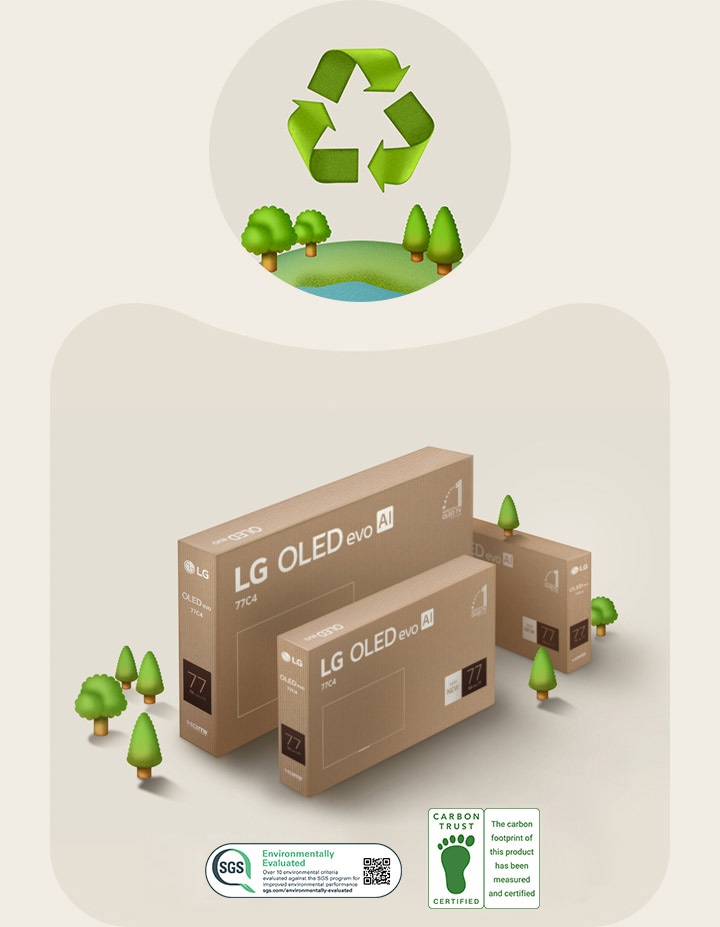 Uma imagem da embalagem LG OLED num fundo bege com árvores ilustradas.