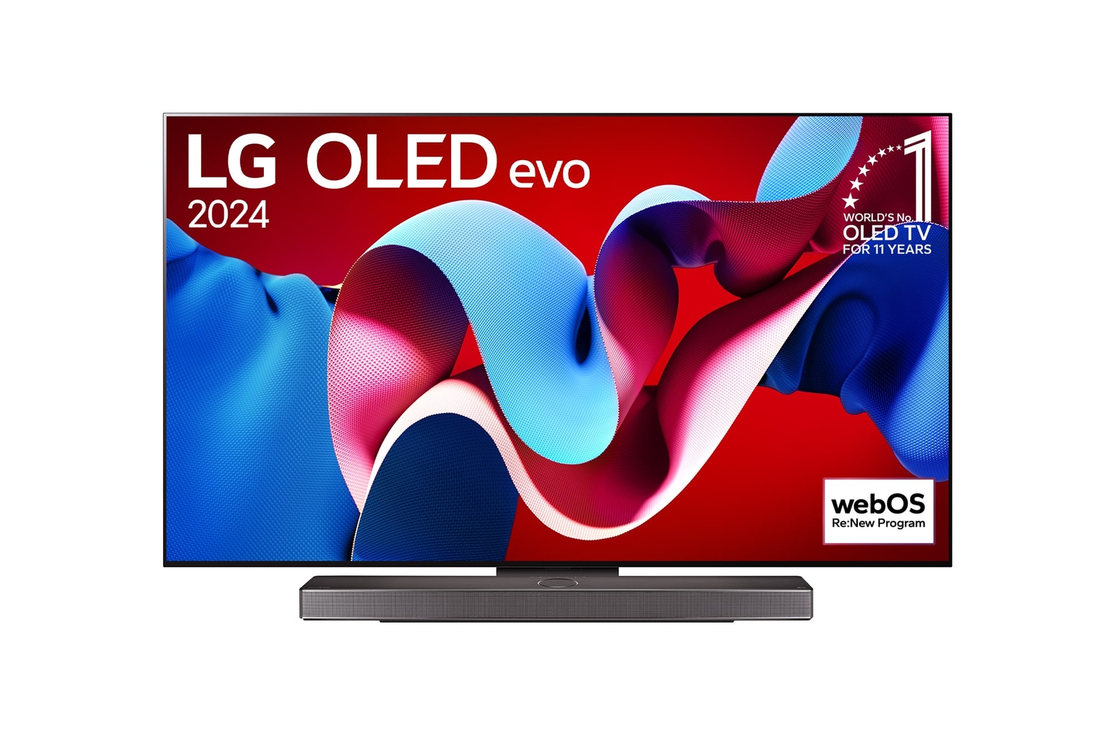 Vista frontal com a LG OLED evo TV, OLED C4, o logótipo do emblema dos 11 anos da OLED número 1 do mundo e o logótipo do webOS Re:New Program no ecrã, assim como a barra de som abaixo