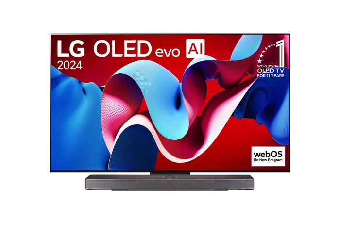 Vista frontal com a LG OLED evo TV, OLED C4, o logótipo do emblema dos 11 anos da OLED número 1 do mundo e o logótipo do webOS Re:New Program no ecrã, assim como a barra de som abaixo