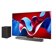 Vista lateral direita ligeiramente inclinada da LG OLED evo TV, OLED C4 com uma LG Soundbar abaixo e um subwoofer ao lado