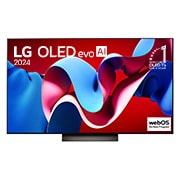 Vista frontal com a LG OLED evo TV, OLED C4, o logótipo do emblema dos 11 anos da OLED número 1 do mundo e o logótipo do webOS Re:New Program no ecrã