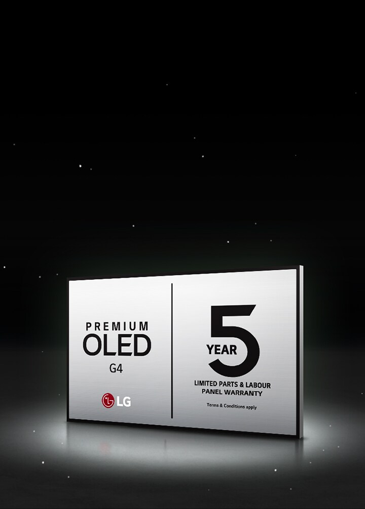 Immagine che riporta i loghi LG OLED Care+ e 5 anni di garanzia sul pannello su uno sfondo nero.