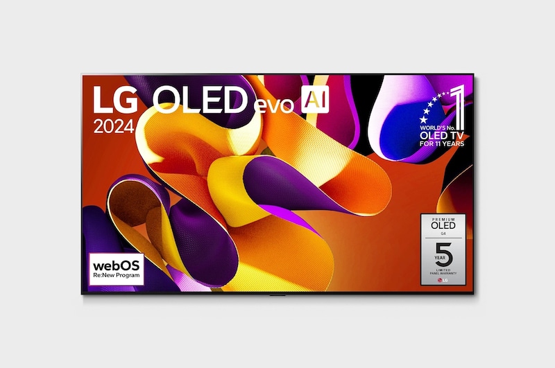 Vista frontal com a LG OLED evo TV, OLED G4, o emblema dos 11 anos da OLED número 1 do mundo e o logótipo da garantia do painel de 5 anos no ecrã