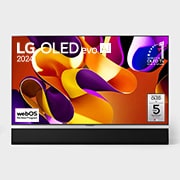 Vista frontal com a LG OLED evo TV, OLED G4, o emblema dos 11 anos da OLED número 1 do mundo e o logótipo da garantia do painel de 5 anos no ecrã, assim como a barra de som abaixo