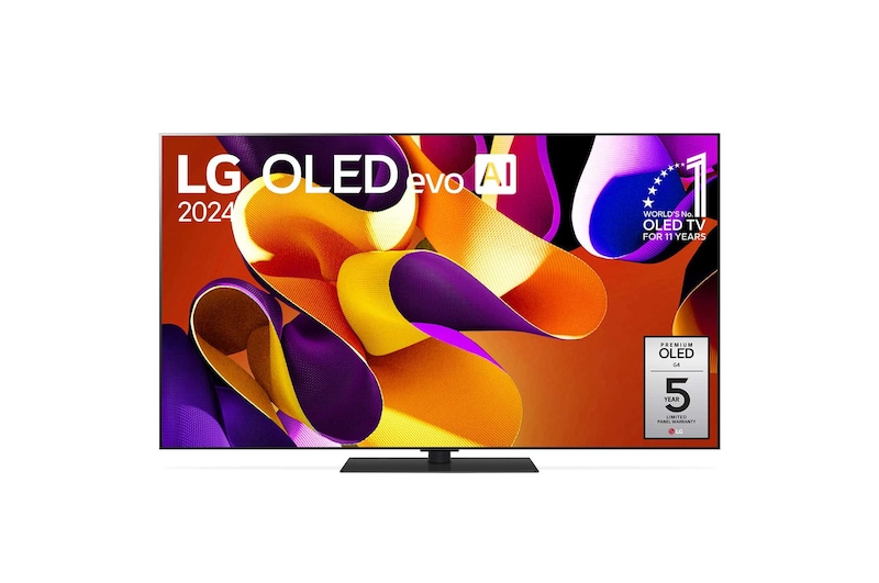 Vista frontal com a LG OLED evo TV, OLED G4, o emblema dos 11 anos da OLED número 1 do mundo e o logótipo da garantia do painel de 5 anos no ecrã, assim como a barra de som abaixo