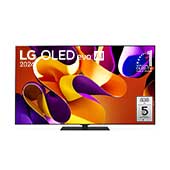 Vista frontal com a LG OLED evo TV, OLED G4, o emblema dos 11 anos da OLED número 1 do mundo e o logótipo da garantia do painel de 5 anos no ecrã, assim como a barra de som abaixo