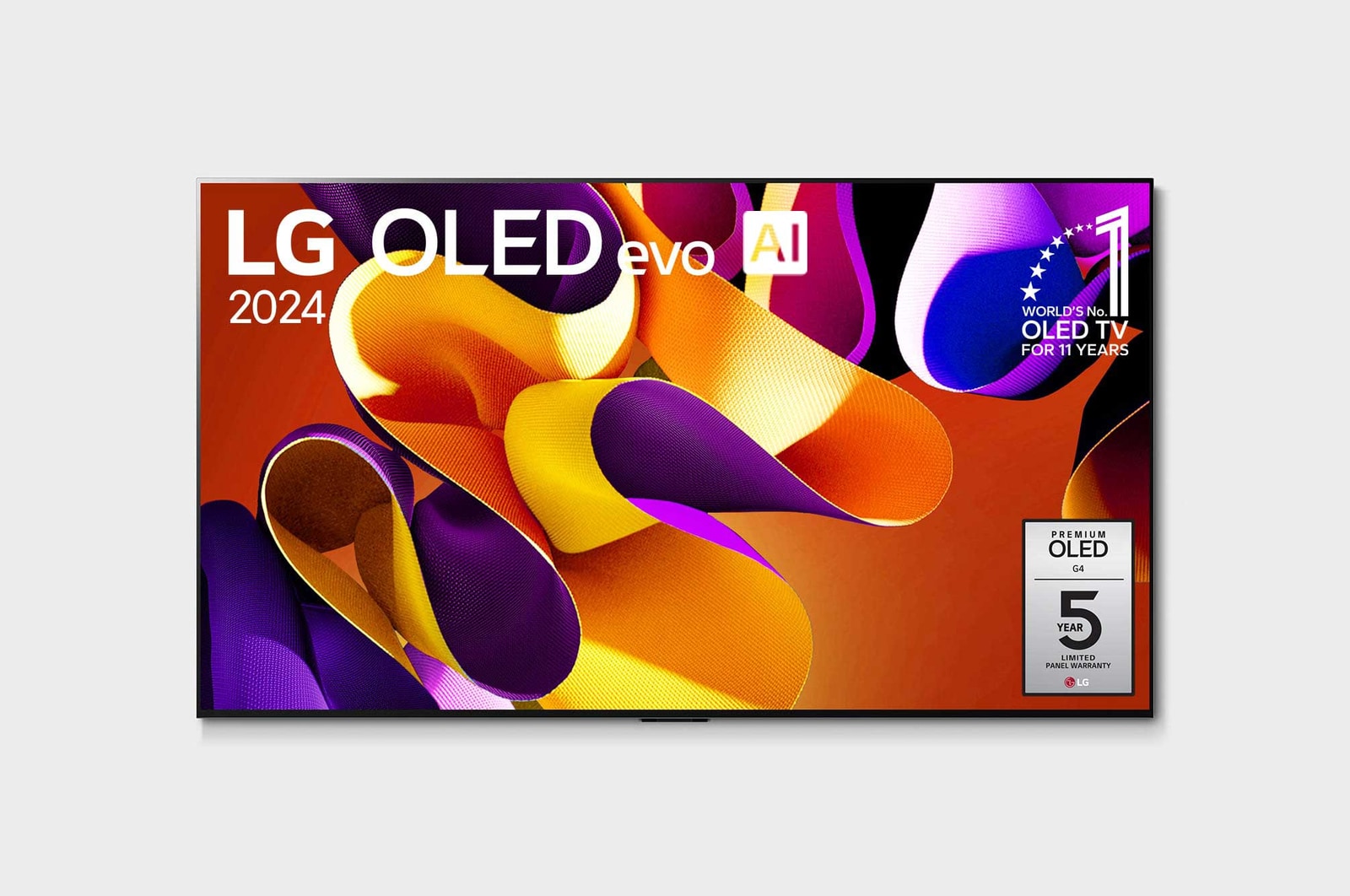 Vista frontal com a LG OLED evo TV, OLED G4, o emblema dos 11 anos da OLED número 1 do mundo e o logótipo da garantia do painel de 5 anos no ecrã