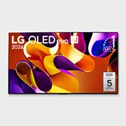 Vista frontal com a LG OLED evo TV, OLED G4, o emblema dos 11 anos da OLED número 1 do mundo e o logótipo da garantia do painel de 5 anos no ecrã