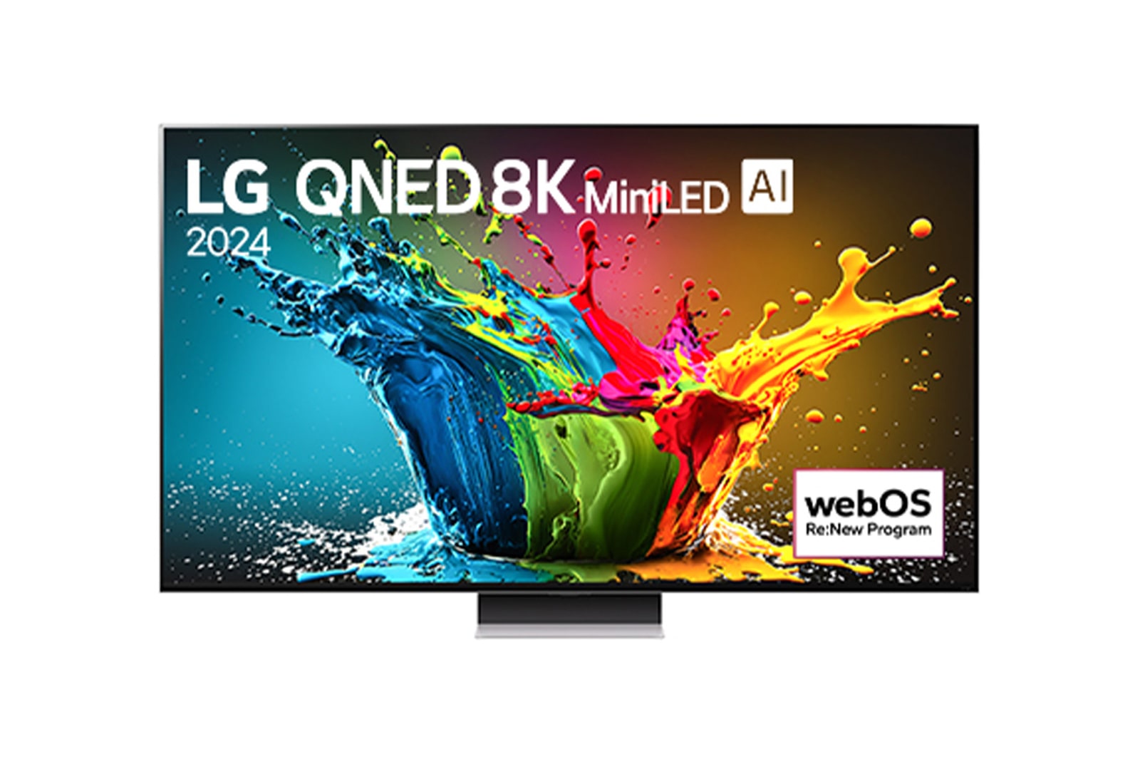 Vista frontal da LG QNED TV, QNED99 com texto da LG QNED 8K MiniLED, 2025 e o logótipo do webOS Re:New Program no ecrã