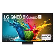Vista frontal da LG QNED TV, QNED99 com texto da LG QNED 8K MiniLED, 2025 e o logótipo do webOS Re:New Program no ecrã