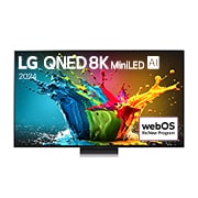 Vista frontal da LG QNED TV, QNED99 com texto da LG QNED 8K MiniLED, 2025 e o logótipo do webOS Re:New Program no ecrã