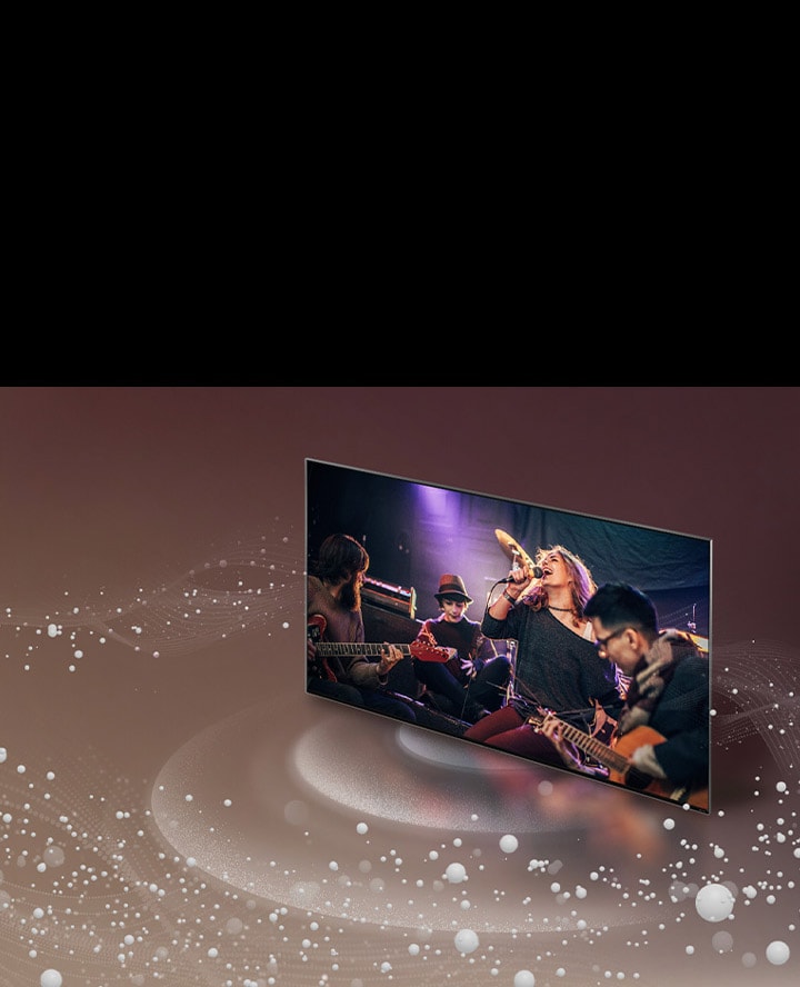 LG TV à medida que bolhas e ondas de som são emitidas pelo ecrã e preenchem o espaço.