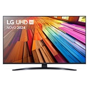 Vista frontal da LG UHD TV, UT81 com texto da LG UHD AI ThinQ, 2024 e o logótipo do webOS Re:New Program no ecrã