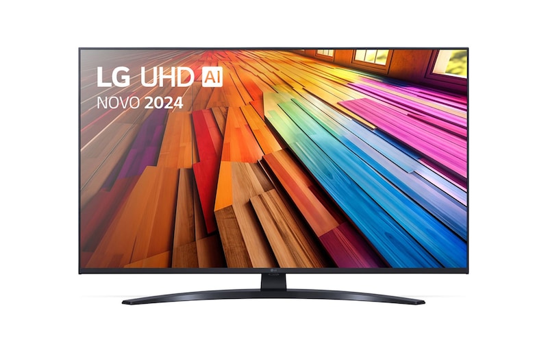 Vista frontal da LG UHD TV, UT81 com texto da LG UHD AI ThinQ, 2024 e o logótipo do webOS Re:New Program no ecrã