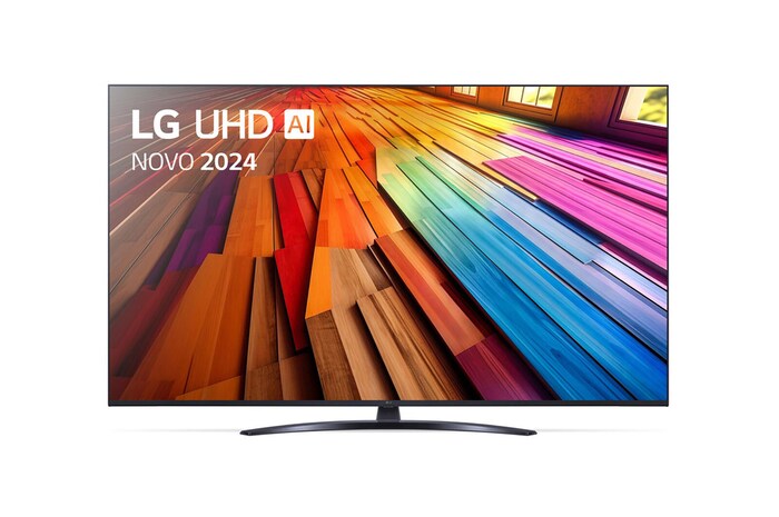 Vista frontal da LG UHD TV, UT81 com texto da LG UHD AI ThinQ, 2024 e o logótipo do webOS Re:New Program no ecrã