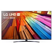 Vista frontal da LG UHD TV, UT81 com texto da LG UHD AI ThinQ, 2024 e o logótipo do webOS Re:New Program no ecrã