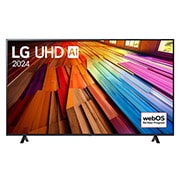 Vista frontal da LG UHD TV, UT80 com texto da LG UHD AI ThinQ, 2024 e o logótipo do webOS Re:New Program no ecrã