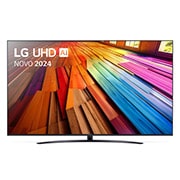 Vista frontal da LG UHD TV, UT80 com texto da LG UHD AI ThinQ, 2024 e o logótipo do webOS Re:New Program no ecrã