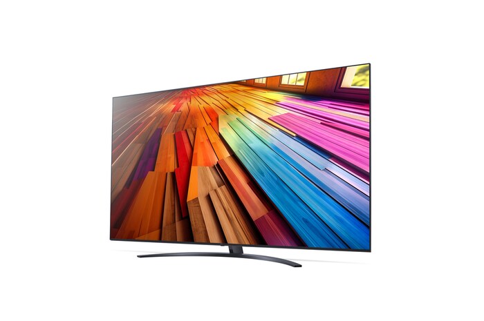 Vista lateral esquerda ligeiramente inclinada da LG UHD TV, UT80
