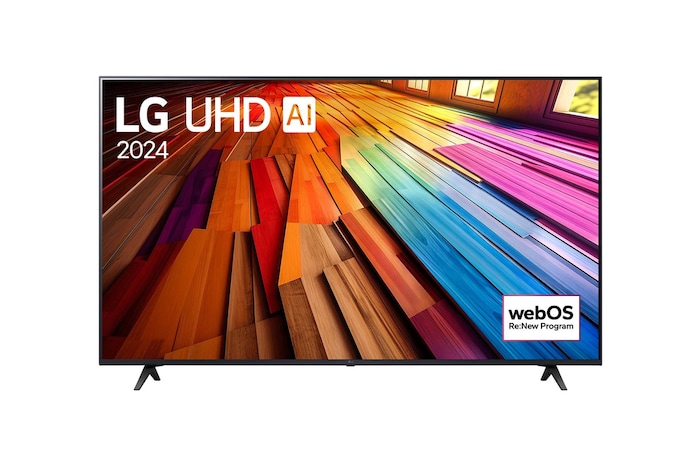 Vista frontal da LG UHD TV, UT80 com texto da LG UHD AI ThinQ, 2024 e o logótipo do webOS Re:New Program no ecrã