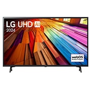 Vista frontal da LG UHD TV, UT80 com texto da LG UHD AI ThinQ, 2024 e o logótipo do webOS Re:New Program no ecrã