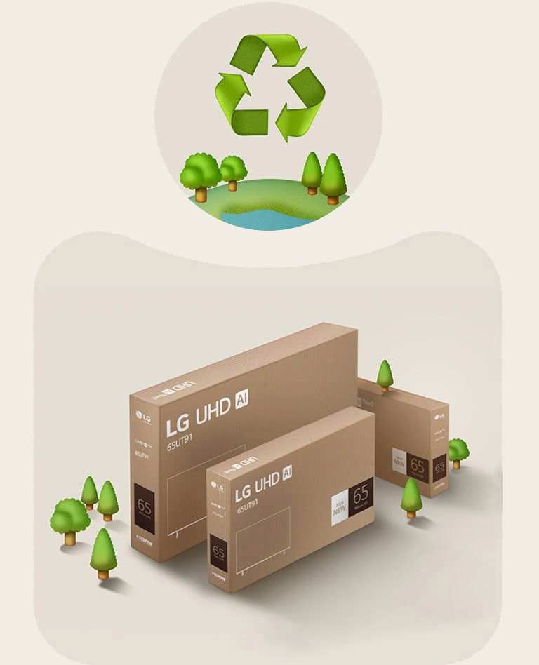 Embalagem LG UHD sobre um fundo bege com árvores ilustradas.