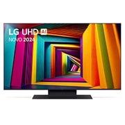 Vista frontal da LG UHD TV, UT91 com texto da LG UHD AI ThinQ, 2024 e o logótipo do webOS Re:New Program no ecrã