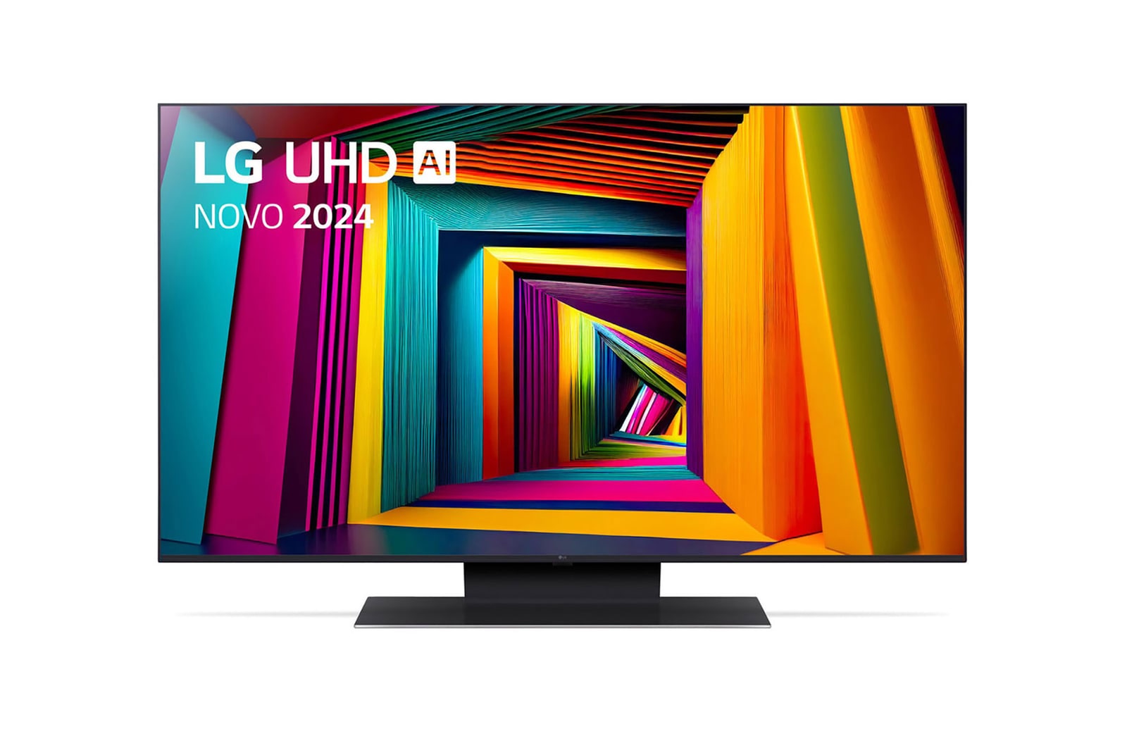 Vista frontal da LG UHD TV, UT91 com texto da LG UHD AI ThinQ, 2024 e o logótipo do webOS Re:New Program no ecrã