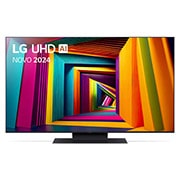 Vista frontal da LG UHD TV, UT91 com texto da LG UHD AI ThinQ, 2024 e o logótipo do webOS Re:New Program no ecrã