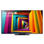 Vista frontal da LG UHD TV, UT91 com texto da LG UHD AI ThinQ, 2024 e o logótipo do webOS Re:New Program no ecrã