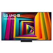 Vista frontal da LG UHD TV, UT91 com texto da LG UHD AI ThinQ, 2024 e o logótipo do webOS Re:New Program no ecrã