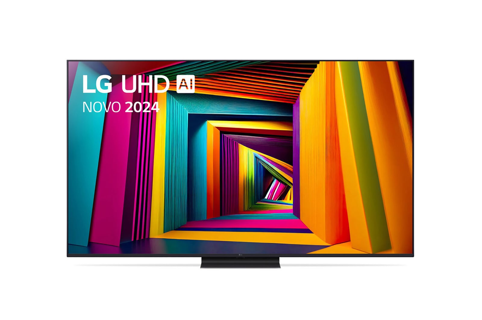 Vista frontal da LG UHD TV, UT91 com texto da LG UHD AI ThinQ, 2024 e o logótipo do webOS Re:New Program no ecrã