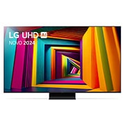 Vista frontal da LG UHD TV, UT91 com texto da LG UHD AI ThinQ, 2024 e o logótipo do webOS Re:New Program no ecrã