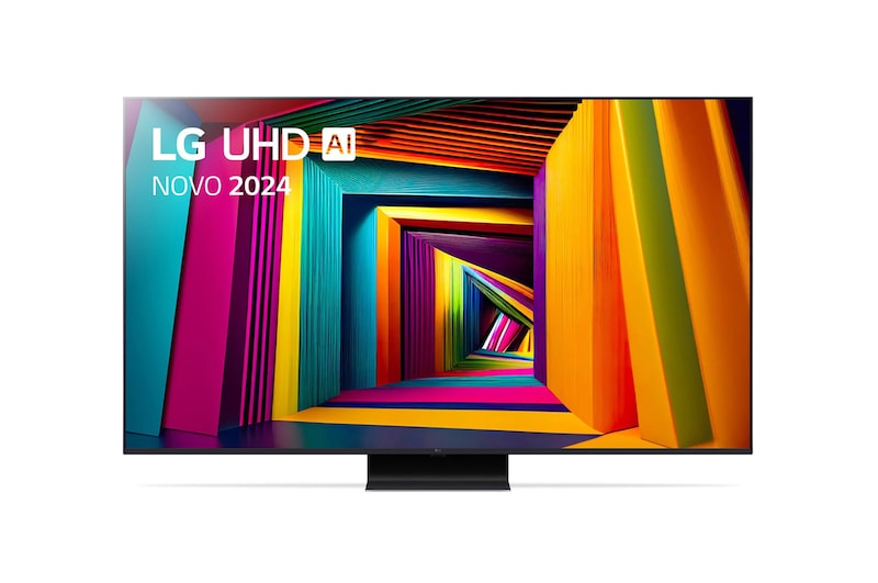 Vista frontal da LG UHD TV, UT91 com texto da LG UHD AI ThinQ, 2024 e o logótipo do webOS Re:New Program no ecrã