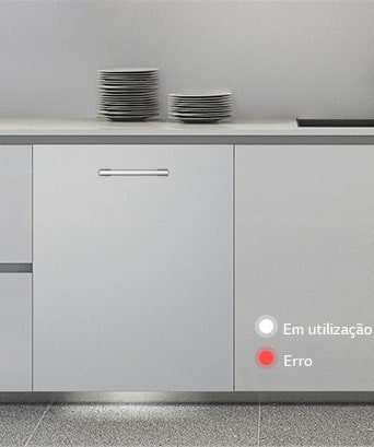 Máquina de lavar loiça de encastrar LG na cozinha com luz branca a indicar o estado de funcionamento e luz vermelha a indicar um erro.