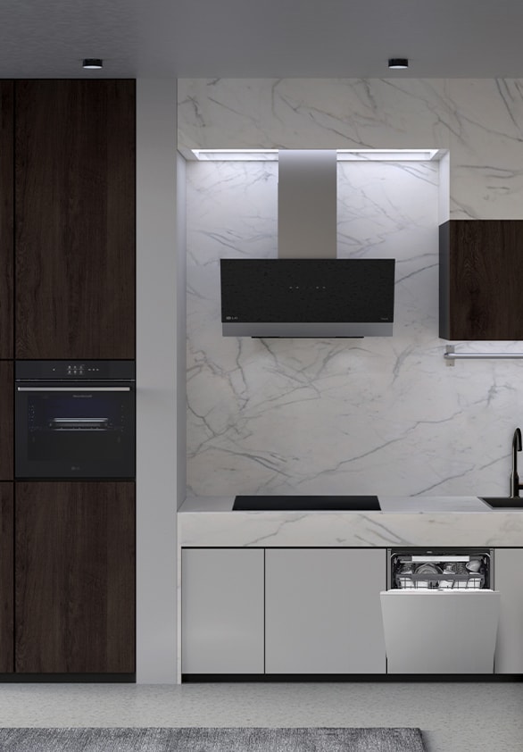 Cozinha moderna com máquina de lavar loiça, forno, exaustor e placa de indução da LG, que se misturam na perfeição com o painel de fundo em mármore.