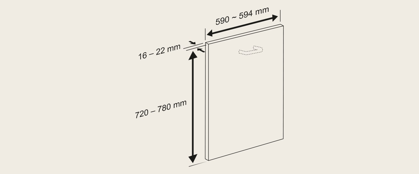 Diagrama do painel da porta da máquina de lavar loiça LG: largura 590-594 mm, altura 720-780 mm, espessura 16-22 mm para uma instalação adequada.
