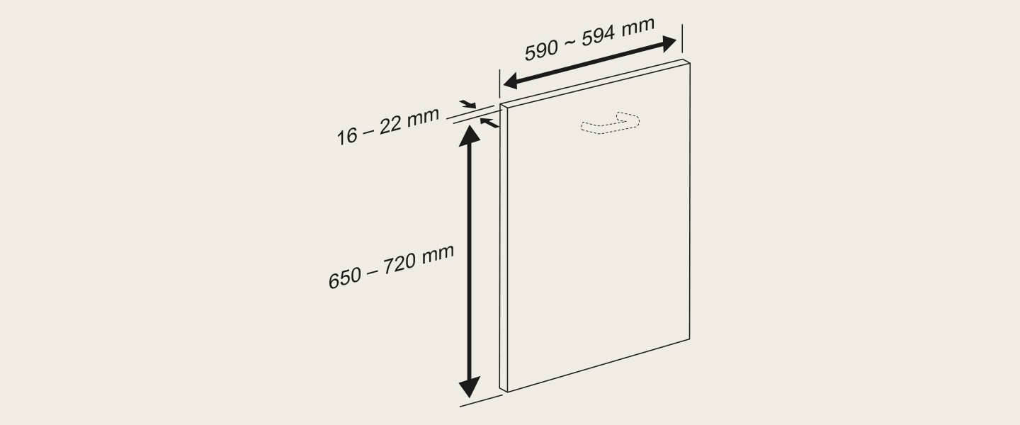 Diagrama do painel da porta da máquina de lavar loiça LG: largura 590-594 mm, altura 650–720 mm, espessura 16-22 mm para instalação.