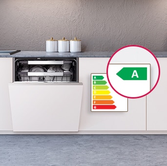 Máquina de lavar loiça de encastrar LG numa cozinha branca, parcialmente aberta. Um rótulo indica uma eficiência energética padrão de Classe A.