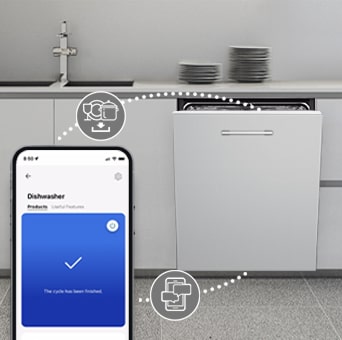 Cozinha com máquina de lavar loiça LG parcialmente aberta. O smartphone mostra a aplicação LG ThinQ™ a confirmar a conclusão do ciclo e o controlo inteligente.