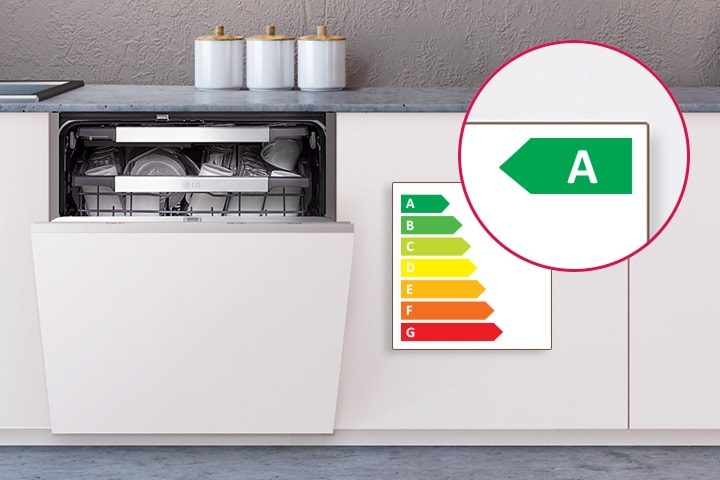 Máquina de lavar loiça de encastrar LG, porta ligeiramente aberta com loiça limpa. A etiqueta indica uma eficiência energética padrão de Classe A.	