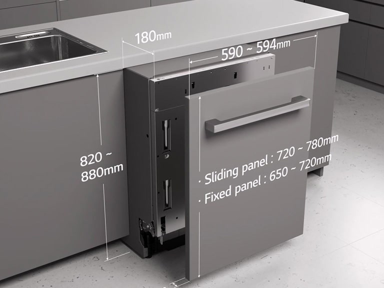Diagrama de instalação da máquina de lavar loiça LG: altura 820-880 mm, largura 590-594 mm, painel deslizante 720-780 mm, painel fixo 650-720 mm.