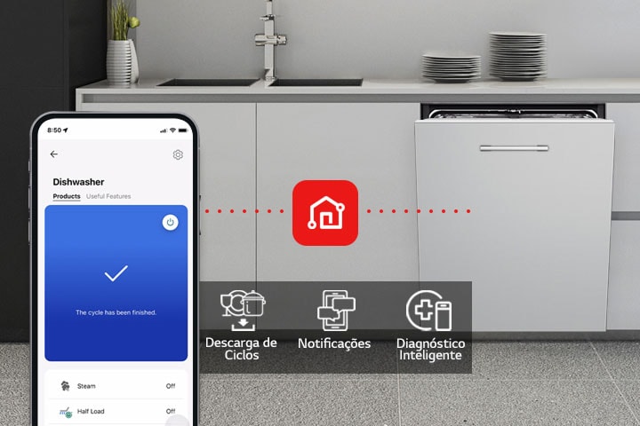 O smartphone mostra a aplicação LG ThinQ™ numa cozinha, destacando as funcionalidades Ciclos de transferência, Notificações e Diagnóstico inteligente.