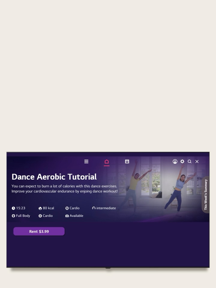 LG Smart TV com a interface webOS Pay, mostrando o fluxo de compra de conteúdos passo a passo com a seleção do método de pagamento, o ecrã de introdução do PIN e a confirmação da compra.